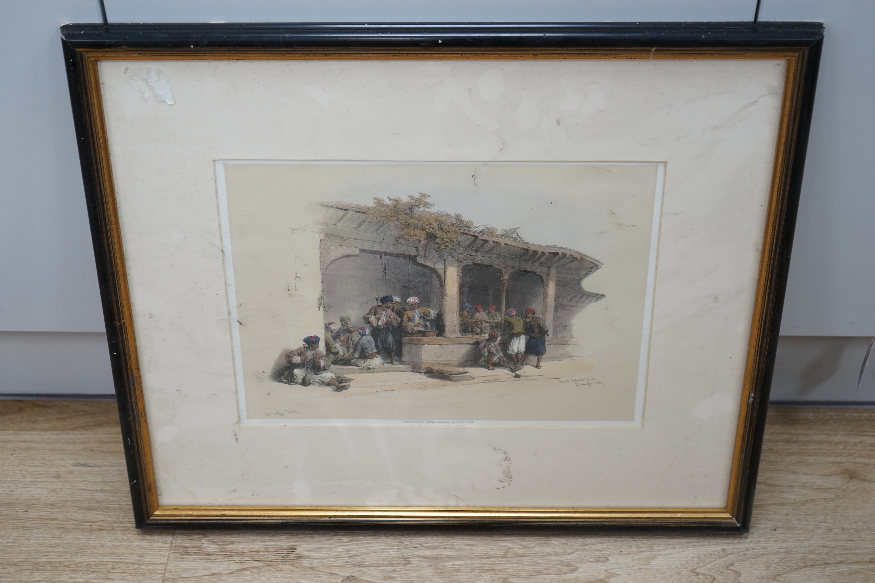 David Roberts RA (1796-1864), colour lithograph, ‘The Coffee Shop’, published F G Moon, London, 30 Sept, 1840, 26 x 36cm. Condition - fair, would benefit from a clean